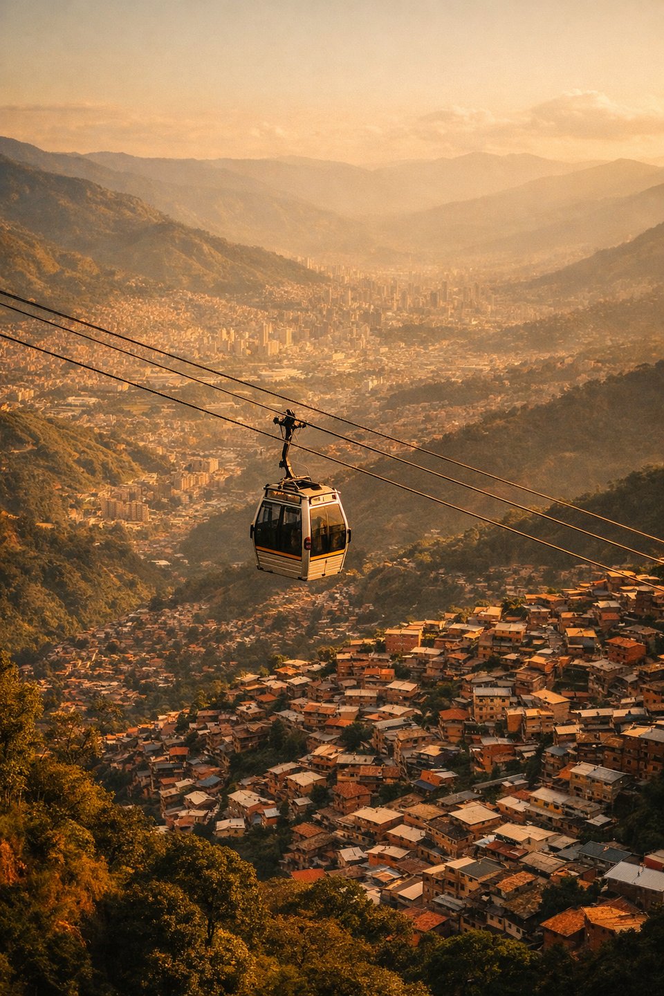 Metrocable gondola above the Aburrá Valley at golden hour — hillside comunas and the Medellín skyline below